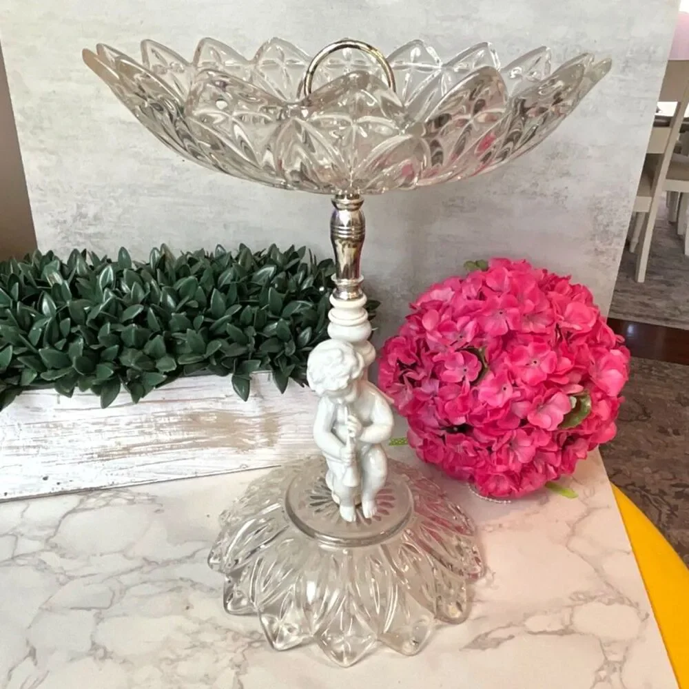 Crystal Compote Bowl Hollywood Regency Cherub Pedestal Centerpiece Vintage